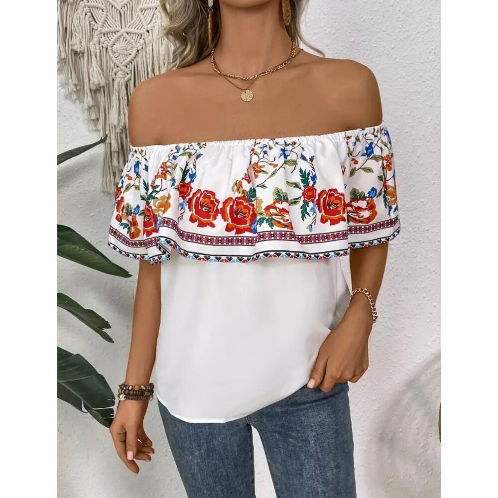 Off-Shoulder Floral Blouse with Layered Sleeves